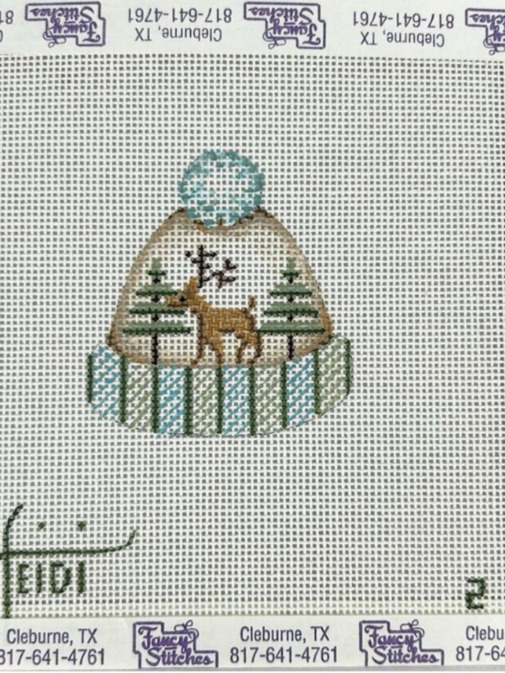 Heidi Handpainted Needlepoint Canvas HP 16 Ct Deer Winter Toboggan Hat Beanie